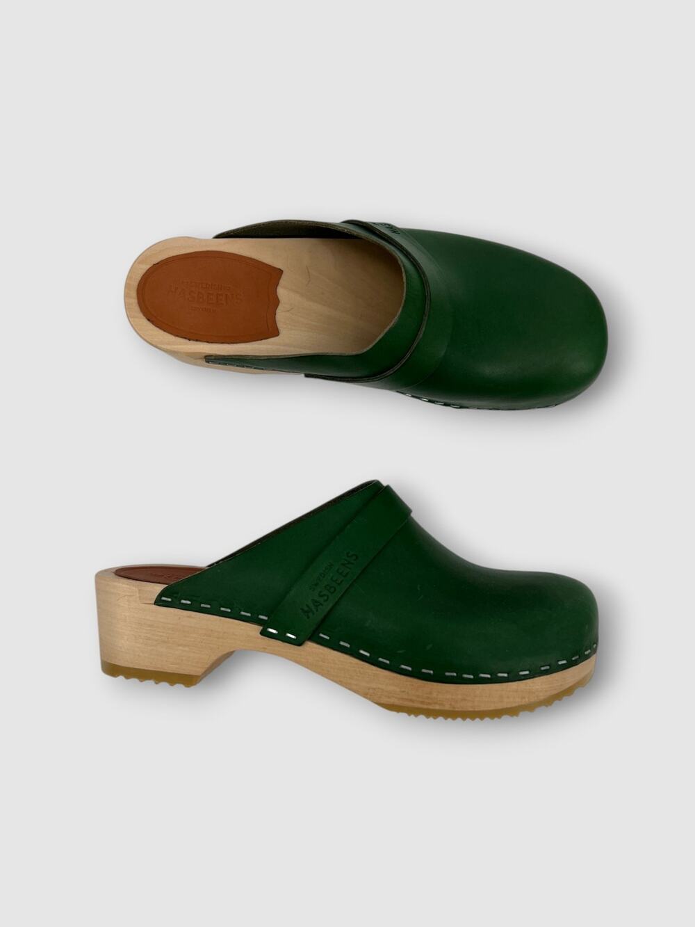 Swedish Hasbeens Green Leather Clogs Wood Platform Mule Clogs Size 38